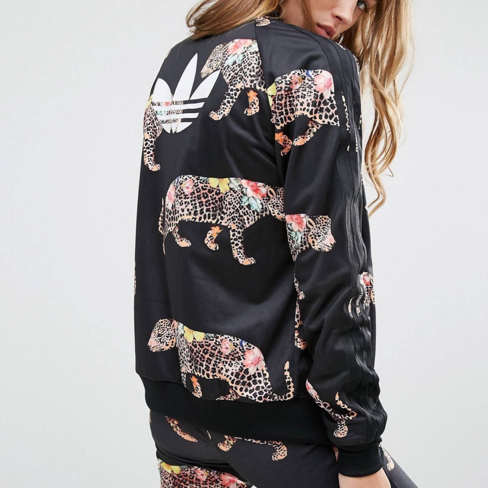 adidas Black Floral Leopard Bomber Jacket - Picture 4 of 11
